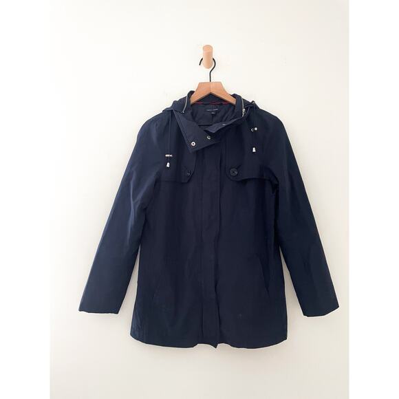 Tommy Hilfiger Rain Coat Jacket Medium Navy Blue Hooded Anorak Utility Outdoors - Picture 1 of 11